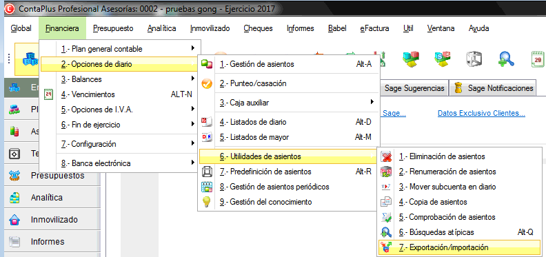 Menú de importación en software contable