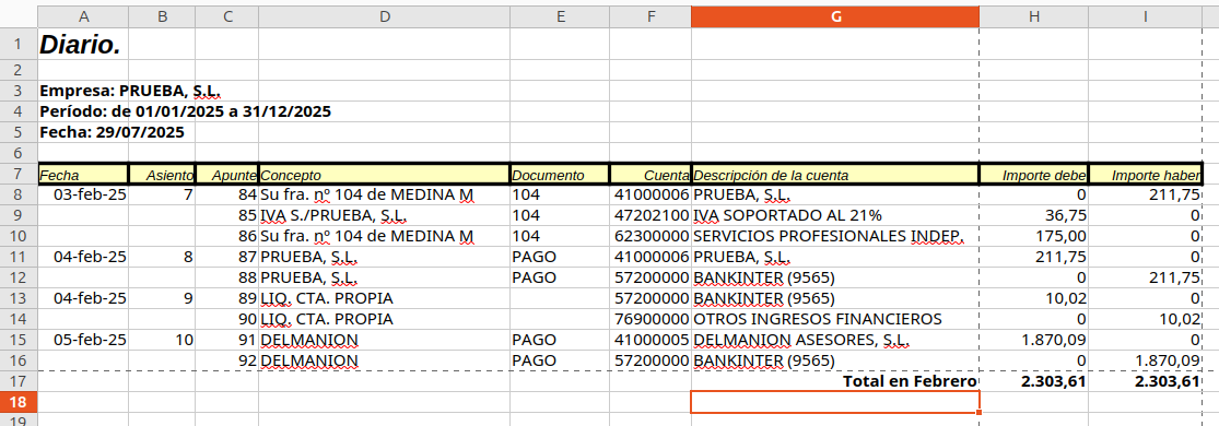 Ejemplo de diario en Excel